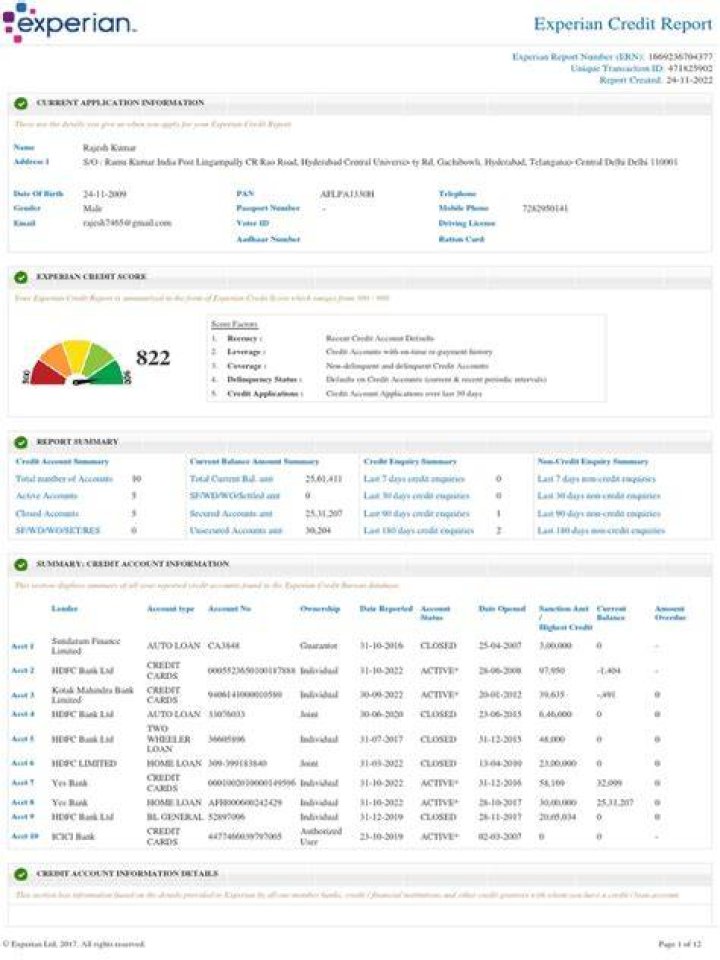 What does a 1 mean on Experian credit report?